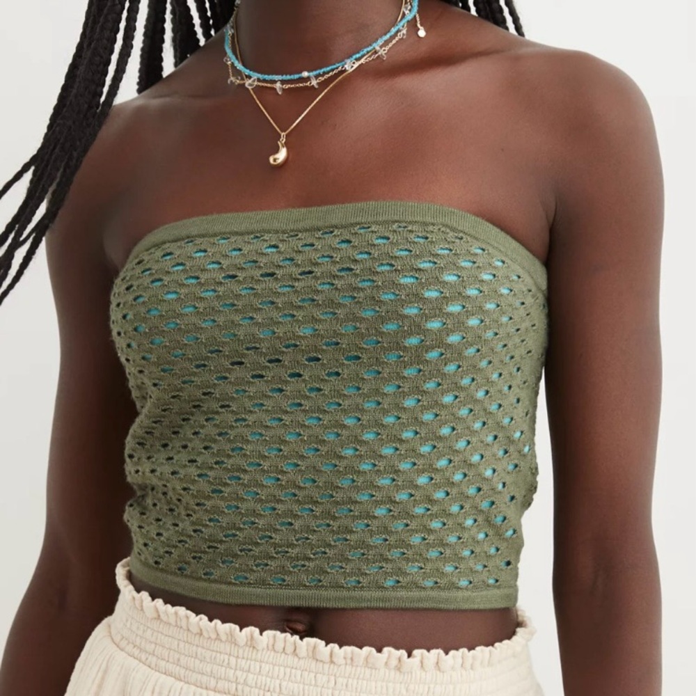 AERIE Crochet Sweater Tube Top in Olive Fun Large L NEW NWOT